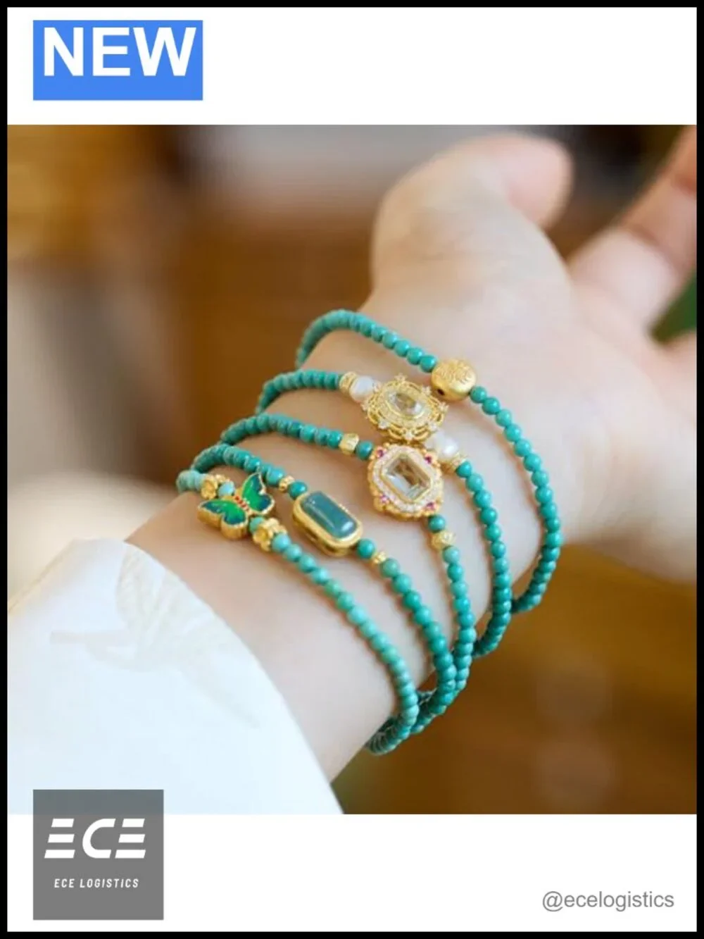 Turquoise Bracelet with Enamel Butterfly, Gold Plated Silver, Adjustable Fit